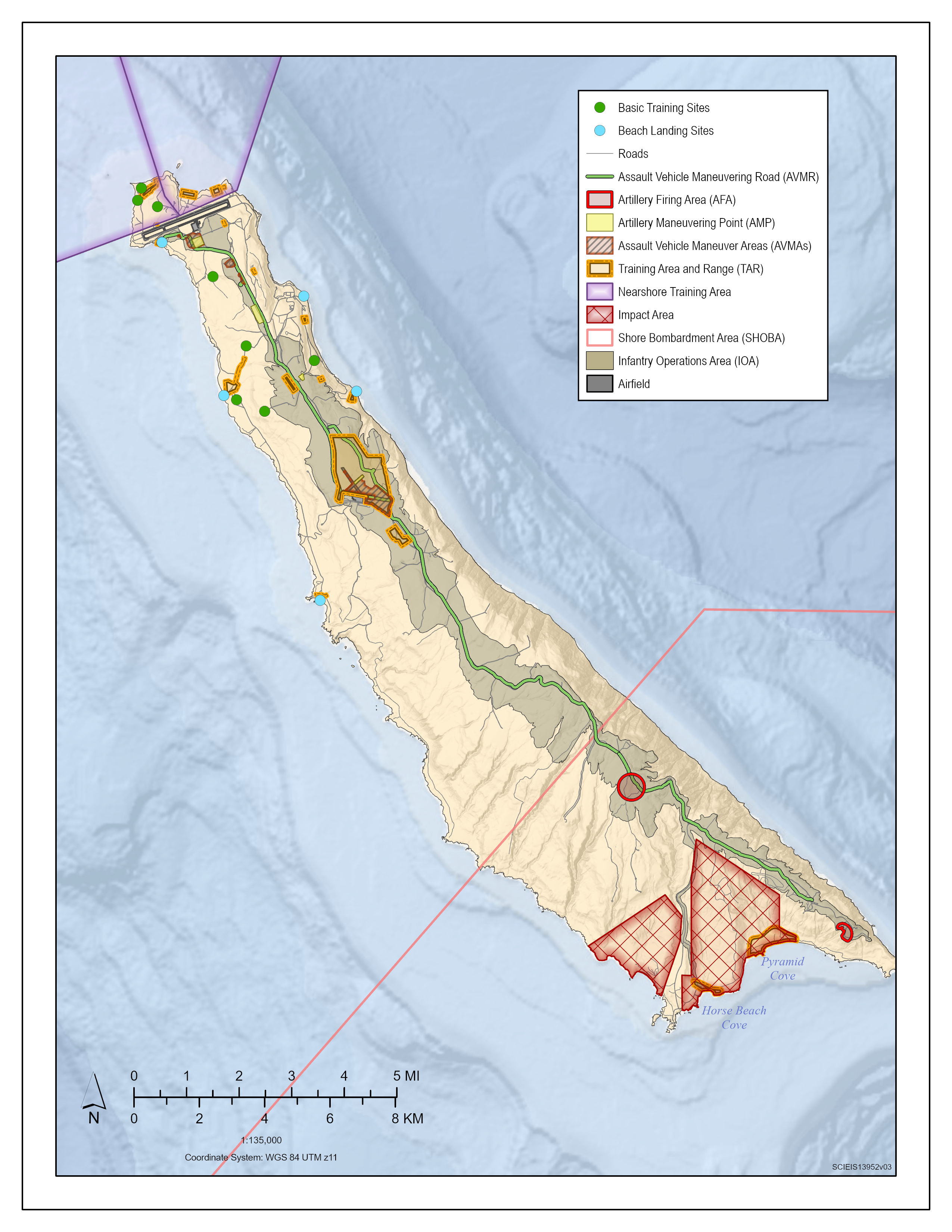This is an image of the current training areas and ranges on San Clemente Island. The figure shows basic training sites, beach landing sites, roads, assault vehicle maneuvering road, artillery firing area, artillery maneuvering point, assault vehicle maneuver areas, nearshore training area, impact area, shore bombardment area, infantry operations area, and airfield.